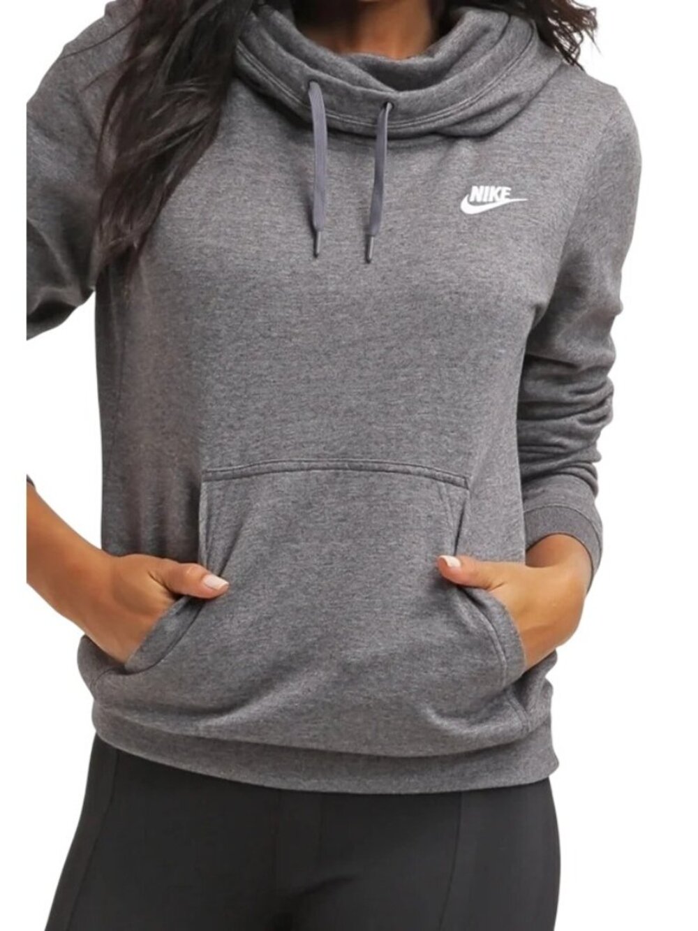 Nike Hoodie Medium Long Sleeve Pullover Swoosh Kangaroo Pocket Gray White Active